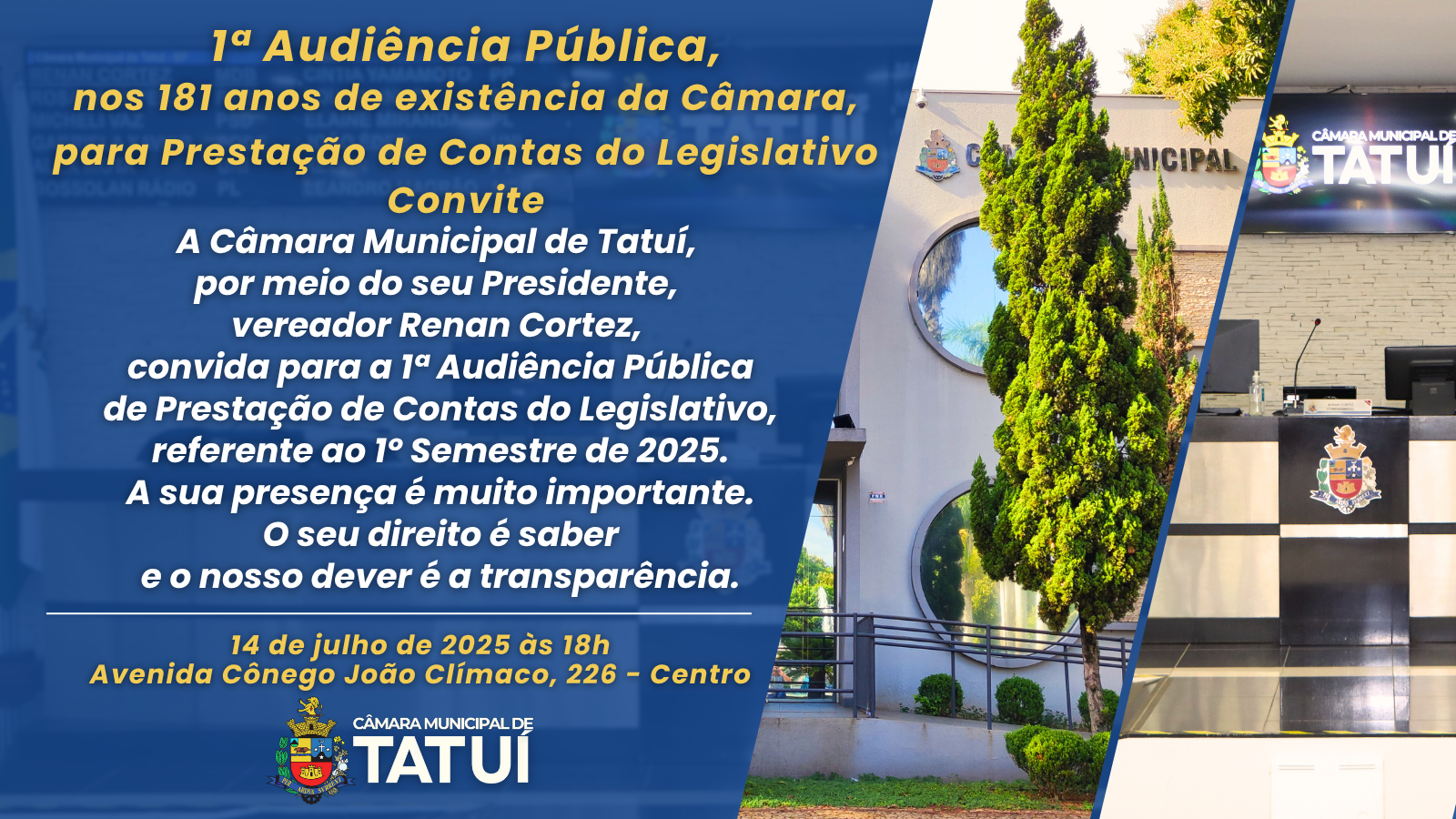 AUDIÊNCIA PÚBLICA DE PRESTAÇÃO DE CONTAS DO LEGISLATIVO SERÁ REALIZADA NO DIA 14